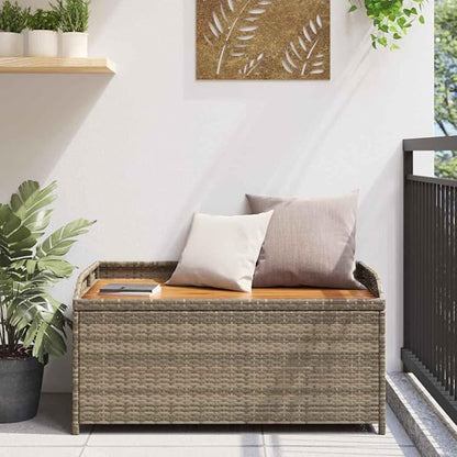 Outdoor Storage Bench 39.4 inch Grey Poly Rattan with Acacia Wood Frame, UV Resistant Garden Seating, 169 gal Capacity Patio Box for Balcony, Porch and Backyard