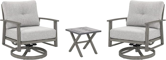 3 Pieces Outdoor Patio Bistro Set, Aluminum Swivel Chairs Patio Furniture Set with Thick Cushions, All Weather Patio Conversation Set with Side Table for Backyard, Balcony, Lawn, Limed Oak