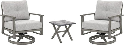 3 Pieces Outdoor Patio Bistro Set, Aluminum Swivel Chairs Patio Furniture Set with Thick Cushions, All Weather Patio Conversation Set with Side Table for Backyard, Balcony, Lawn, Limed Oak