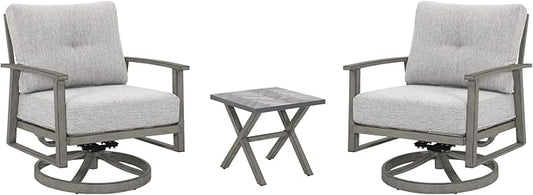 3 Pieces Outdoor Patio Bistro Set, Aluminum Swivel Chairs Patio Furniture Set with Thick Cushions, All Weather Patio Conversation Set with Side Table for Backyard, Balcony, Lawn, Limed Oak