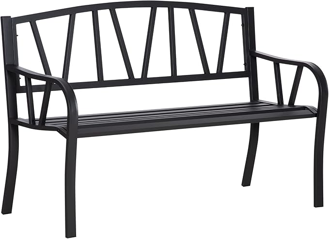 50" Metal Garden Benches for Outside, Front Porch Bench with Smooth Armrests, Patio Yard Benches with Slatted Seat for Outdoors Park/Entryway/Backyard (Black)