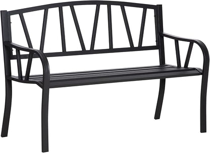 50" Metal Garden Bench, Black Outdoor Bench for 2 People, Park-Style Patio Seating, Decor with Smooth Armrests, Slatted Seat and Backrest, Black