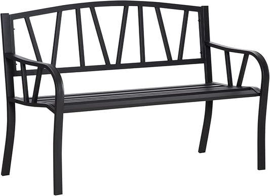 Metal Garden Bench, 2-Person Patio Seating, Black Outdoor Bench with Smooth Armrests, Slatted Seat and Backrest