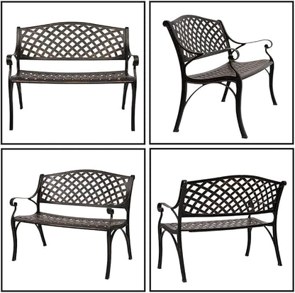 Patio Park Garden Outdoor Metal Bench,40.5" Outdoor Cast Aluminum Bench with Mesh Backrest Seat Surface for 2 Person Seat