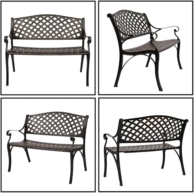 40.5" Outdoor Cast Aluminum Patio Bench, Antique Metal Outside Bench with Mesh Backrest Seat,Patio Furniture Chair Outdoor Bench,Slatted Seat for Park, Yard & Porch, Antique Black