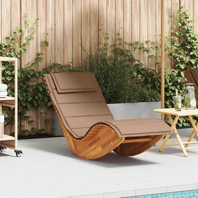 Acacia Wood Rocking Sun Lounger with Taupe Cushion & Pillow, 60.6" x 23.6" x 29.1" Patio Chaise, 242 lb Capacity - Photo 1
