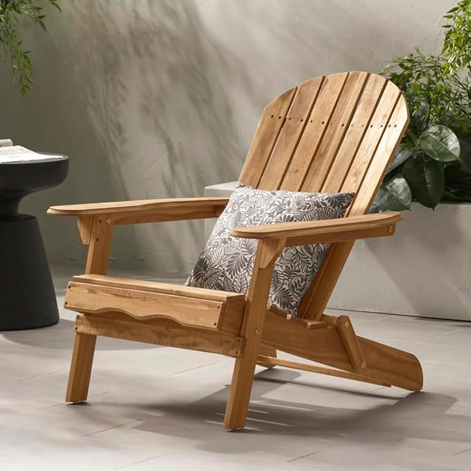 Folding Adirondack Chair Outdoor Wooden Accent Furniture Fire Pit Lounge Chairs,for Patio & Garden Relaxation with Slatted Back & Wide Armrests- Teak Finis (Teak + Acacia Wood)