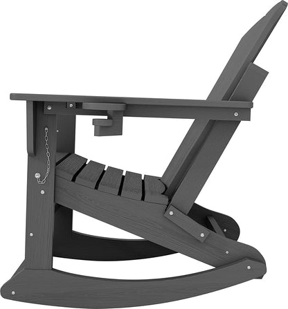 KINGYES Adirondack Rocking Chair Set of 4 with Retractable Ottoman and Cup Holders, HDPE Adirondack Rocker Patio Rocking Chair for Porch, Patio, Balcony, Leaden Grey