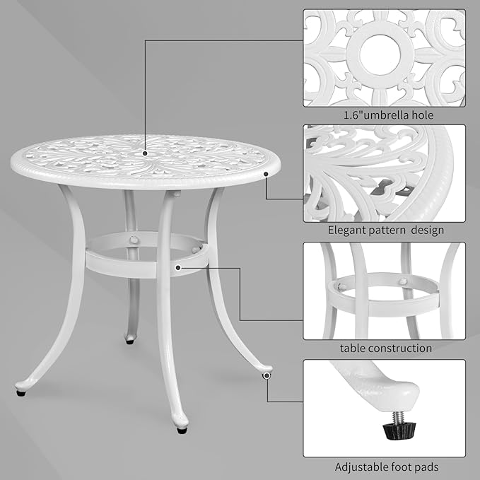 Cast Aluminum Round Table with 2 inch Umbrella Hole, Outdoor Patio End Side Table, Cocktail Coffee Bistro Table Weather Resistance, Adjustable Foot Pads for Garden, Porch, Balcony White