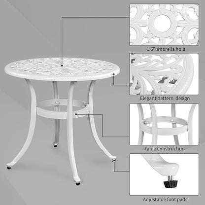 Cast Aluminum Round Table with 2 inch Umbrella Hole, Outdoor Patio End Side Table, Cocktail Coffee Bistro Table Weather Resistance, Adjustable Foot Pads for Garden, Porch, Balcony White