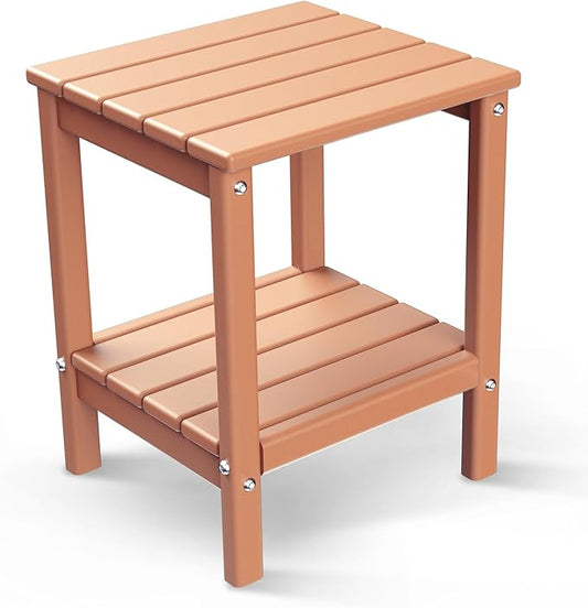 BRIOPAWS Outdoor-Side-Table | Small | HDPE Plastic | Patio End-Table | 2-Shelf Adirondack Outside Tables | All Weather | for Poolside Front Porch Indoor Living Room | 14" x 13" | Teak