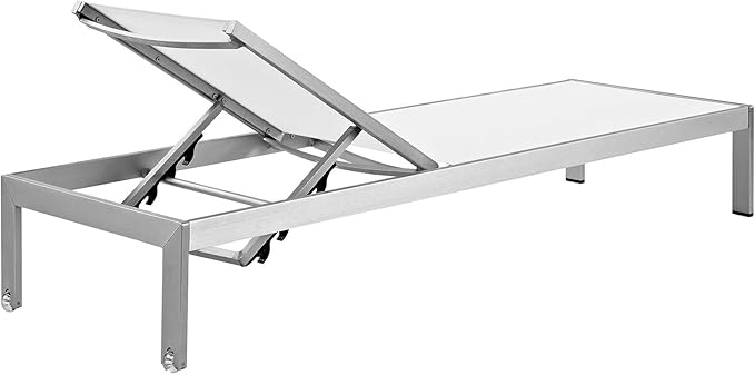 Modway Shore Aluminum Textilene® Mesh Outdoor Patio Two Poolside Chaise Lounge Chairs in Silver White