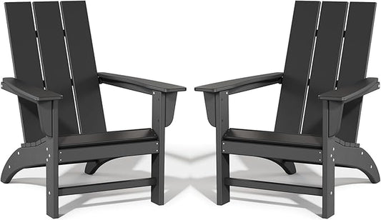 Poly Lumber Adirondack Chairs Set of 2, All-Weather Resistant Outdoor Patio Chairs, Look Like Wood, Pre-Assembled Outdoor Fire Pit Chair for Pool, Deck, Backyard, Garden, Black