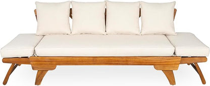 Christopher Knight Home Gary Patio Convertible Couch, Wooden Outdoor Daybed, 3-Seater Acacia Wood Patio Furniture Lounge Sofa for Backyard/Poolside/Garden, Back Pillow+Removable Cushion, Teak+ Beige