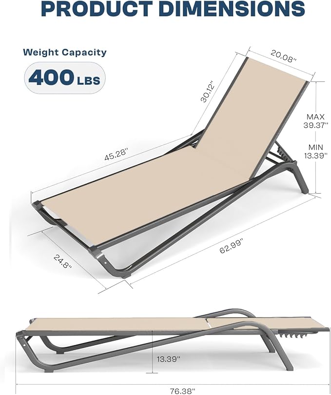 Lounge Chair Set of 2, Aluminum Chaise Lounge Outdoor with Side Table - Photo 2