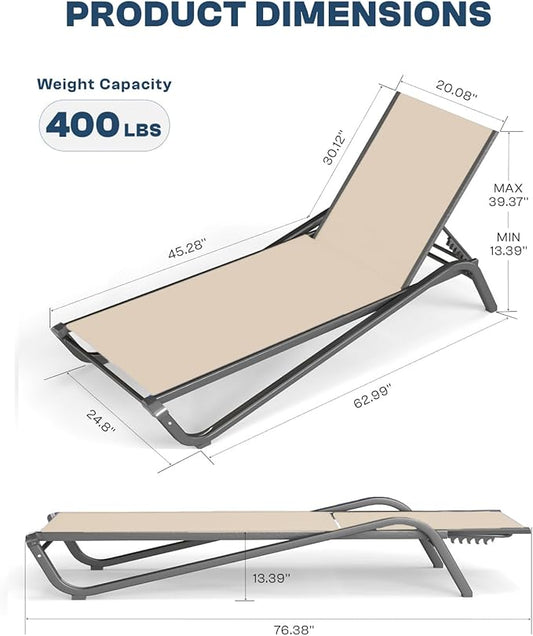 Lounge Chair Set of 2, Aluminum Chaise Lounge Outdoor with Side Table, Lightweight Lounge Chairs for Outside with 5 Adjustable Backrest, Pool Lounger for Poolside, Beach, Balcony (Khaki)
