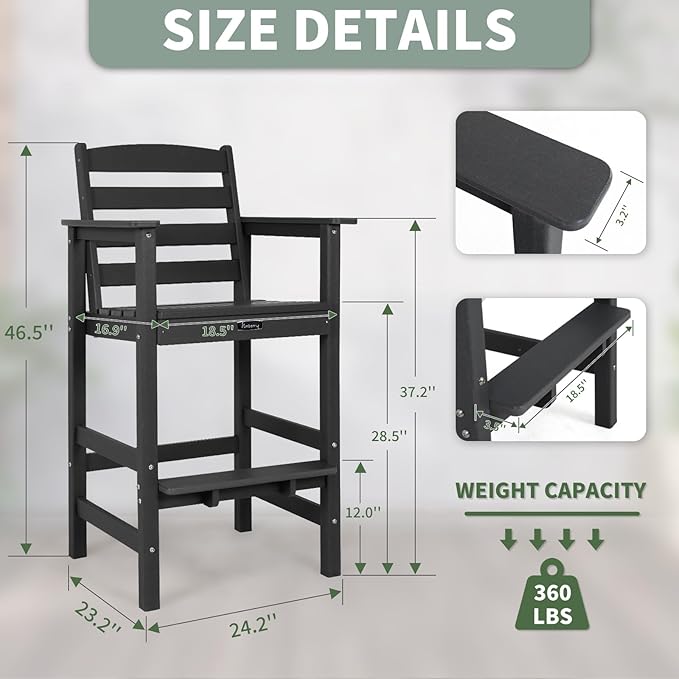 FUNBERRY Bar Height Outdoor Chairs, Tall Adirondack Chairs Set of 2, All Weather HDPE Outdoor Bar Chair for Bistro Patio Balcony