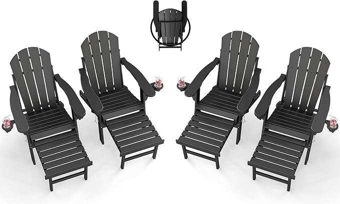 BRIOPAWS Adirondack-Chairs-with-Pull-Out-Footrest | Set of 4 | Folding | HDPE Plastic | Fire Pit Chair | All Weather | Cup Holders | Curved Back | Retractable Ottoman | for Poolside Deck | Black