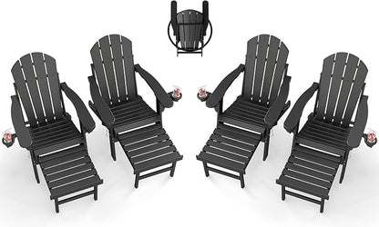 BRIOPAWS Adirondack-Chairs-with-Pull-Out-Footrest | Set of 4 | Folding | HDPE Plastic | Fire Pit Chair | All Weather | Cup Holders | Curved Back | Retractable Ottoman | for Poolside Deck | Black