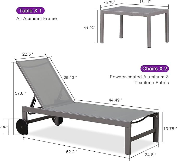 PURPLE LEAF Outdoor Lounge Chair Set for 2 Patio Chaise Lounger with Aluminum Frame and Wheels All-Weather Pool Lounge Chairs for Outside Garden Yard Poolside Table Included, Light Grey