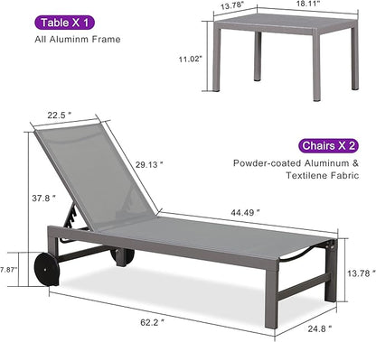 PURPLE LEAF Outdoor Lounge Chair Set for 2 Patio Chaise Lounger with Aluminum Frame and Wheels All-Weather Pool Lounge Chairs for Outside Garden Yard Poolside Table Included, Light Grey