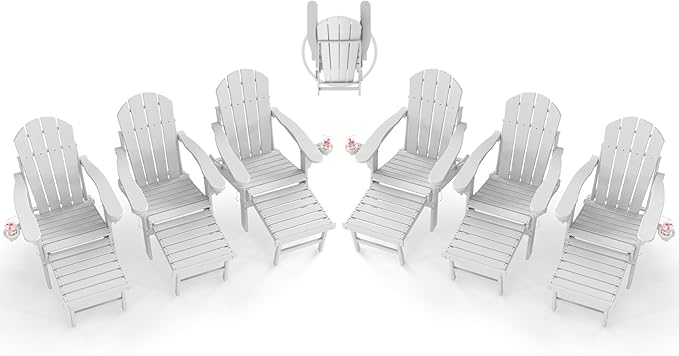 BRIOPAWS Adirondack-Chairs-with-Pull-Out-Footrest | Set of 6 | Folding | HDPE Plastic | Fire Pit Chair | All Weather | Cup Holders | Curved Back | Retractable Ottoman | for Poolside Deck | White