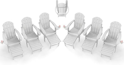 BRIOPAWS Adirondack-Chairs-with-Pull-Out-Footrest | Set of 6 | Folding | HDPE Plastic | Fire Pit Chair | All Weather | Cup Holders | Curved Back | Retractable Ottoman | for Poolside Deck | White