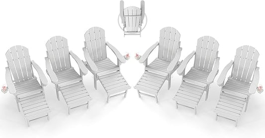 BRIOPAWS Adirondack-Chairs-with-Pull-Out-Footrest | Set of 6 | Folding | HDPE Plastic | Fire Pit Chair | All Weather | Cup Holders | Curved Back | Retractable Ottoman | for Poolside Deck | White