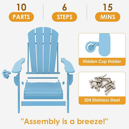 IVY&LANE Folding-Adirondack-Chairs-Set-of-4 | HDPE Plastic | Outdoor Fire Pit Chair with Cup Holder | Arctic | Poly | Weather Resistant | for Patio Deck Poolside Garden Beach