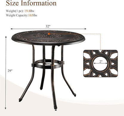 VINGLI 32" Outdoor Dining Table, Round Patio DiningTable with Umbrella Hole, Cast Aluminum Outdoor Bistro Table Patio Furniture Garden Table (Bronze, 32" Dia x 29 H) (Bronze)