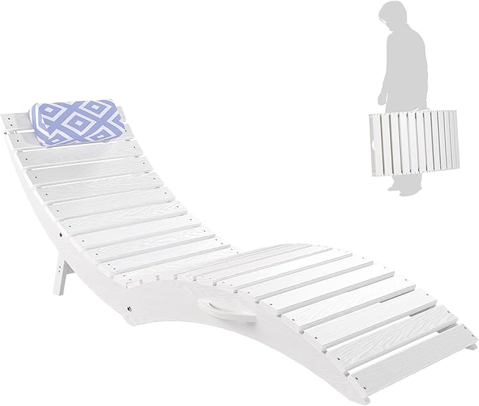 nalone Folding Pool Lounge Chair, HDPE Outdoor Pool Chaise Lounge with Pillow, Pre-Assembled Tanning Chairs with Wheels for Pool Beach Patio (1, White)