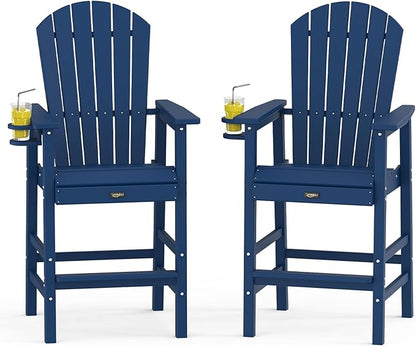 VINGLI Tall Adirondack Chairs Set of 2, All-Weather Plastic Adirondack Chair with Cup Holders, Heavy-Duty HDPE Outdoor Bar Stools for Patio, Balcony, Pool, Backyard (Navy Blue, 2 PCS)