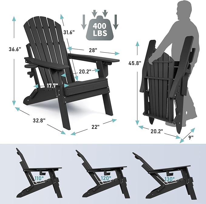 FUNBERRY Folding Adirondack Chair with Adjustable Backrest, HDPE All Weather Fire Pit Chairs with Cup Holder