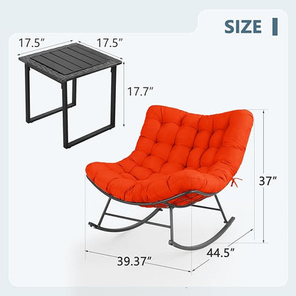Outdoor Rocking Chairs Set of 2 with Wicker Side Table, Thick Cushioned Papasan Rocking Chairs with End Table, 3PCS Oversized Egg Chair Set for Patio, Porch, Balcony, Bedroom, Living Room, Orange-red