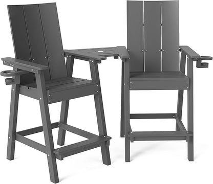 Tall Adirondack Chair Set of 2, HDPE Balcony Chairs with Connecting Tray, Two Cup Holders, All-Weather Adirondack Bar Stools for Patio, Balcony, Backyard, Poolside, Grey
