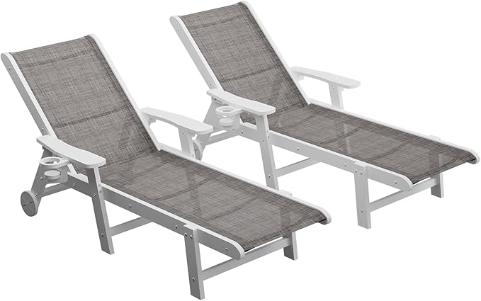 Outdoor Chaise Lounge Chair set of 2, 5-Position Adjustable Pool Lounge Chair with Wheels & Cup Holder - Photo 1