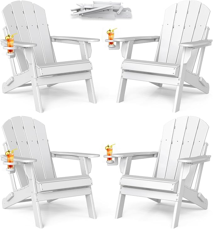 BRIOPAWS Folding-Adirondack-Chairs Set of 4 | HDPE | Fire Pit Chair | Cup Holder | Weather Resistance | White | for Outdoor Backyard Deck Patio