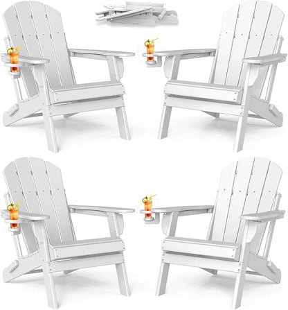 BRIOPAWS Folding-Adirondack-Chairs Set of 4 | HDPE | Fire Pit Chair | Cup Holder | Weather Resistance | White | for Outdoor Backyard Deck Patio