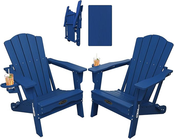 Folding Adirondack Chair Set of 2, HDPE All-Weather Outdoor Chair with Cup Holder, Wooden Textured, Fire Pit Chair - Photo 1