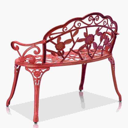 38.5” Outdoor Porch Bench with Hollow Rose Design,Elegant Garden Bench Park Bench for Backyard,Iron Bench with Arms (red)
