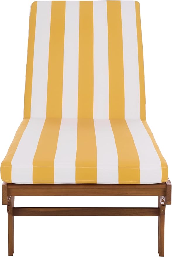 SAFAVIEH Outdoor Patio Furniture Collection - Newport Natural Solid Wood Chaise Lounge Chair with Yellow Stripe Cushion, Adjustable Backrest (PAT7316Y)