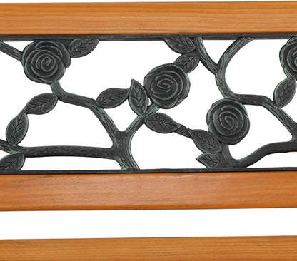 49-Inch Outdoor Garden Bench Natural Hardwood Patio Park Bench Rustic Elegant Porch Deck Loveseat with Bronze Cast Iron Frame and Rose Pattern
