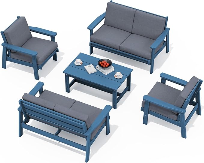 SERWALL HDPE Patio Furniture Set, 5 Piece All Weather Wood-Like Sectional Outdoor Furniture Set - Photo 1