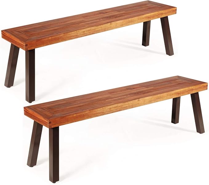 Giantex Acacia Wood Bnech, 3-Person Backless in/Outdoor Patio Dining Bench with Metal Legs for Entryway, Balcony, Porch, Backyard, Garden and Poolside (2, 60" W)