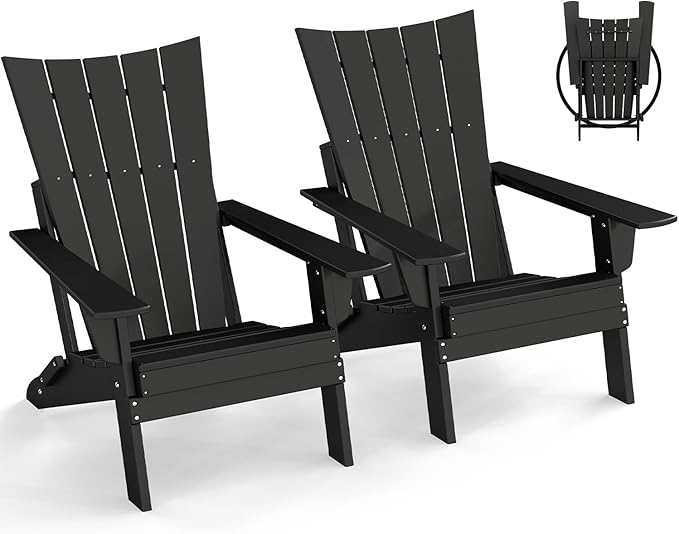 GREENVINES Folding-Adirondack-Chairs-Set-of-2 | HDPE Plastic | Arch Series | Fire Pit Chair | All Weather | for Outdoor Patio Deck Backyard Poolside | Black