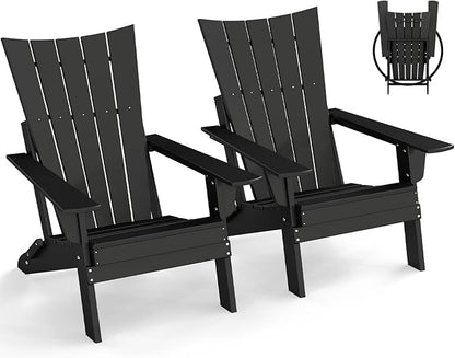 GREENVINES Folding-Adirondack-Chairs-Set-of-2 | HDPE Plastic | Arch Series | Fire Pit Chair | All Weather | for Outdoor Patio Deck Backyard Poolside | Black