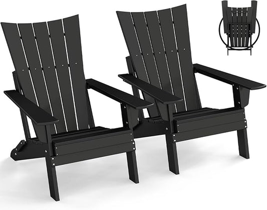 GREENVINES Folding-Adirondack-Chairs-Set-of-2 | HDPE Plastic | Arch Series | Fire Pit Chair | All Weather | for Outdoor Patio Deck Backyard Poolside | Black