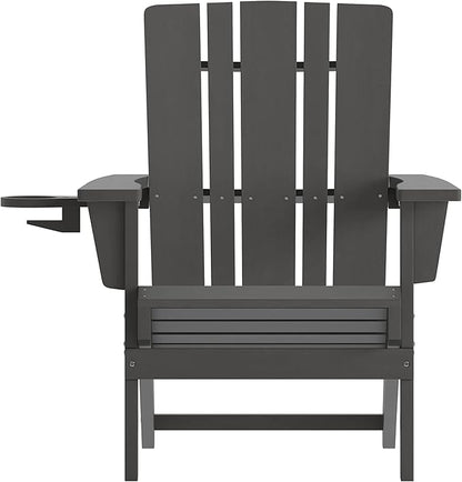 Flash Furniture Halifax Adirondack Chair with Cup Holder, Weather Resistant Poly Resin Adirondack Chair, Gray, Set of 1
