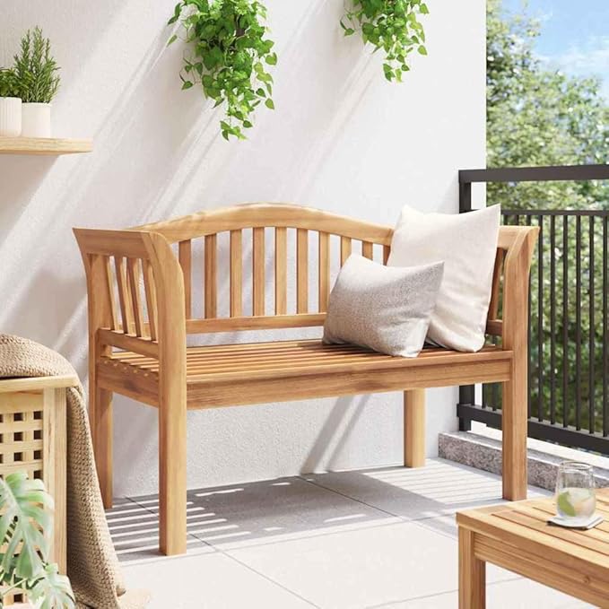 Solid Teak Wood Garden Bench 47.24 x 21.06 x 33.46 in Brown with Carved Armrests and Robust Square Legs for Outdoor Seating and Family Gatherings, Durable Weather-Resistant