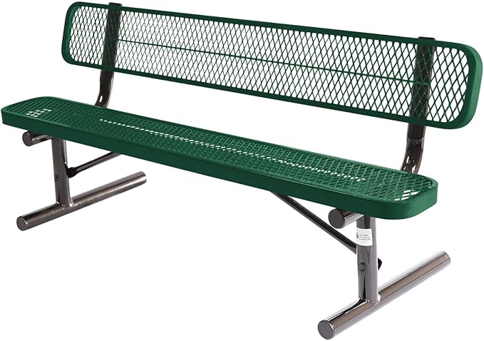 COATEDOUTDOORFURNITURE Heavy-Duty Portable Outdoor Bench Thermoplastic Coated, Expanded Metal, Commercial-Grade Seating, Made in America (Portable with Back, 6 Ft, Textured Green)